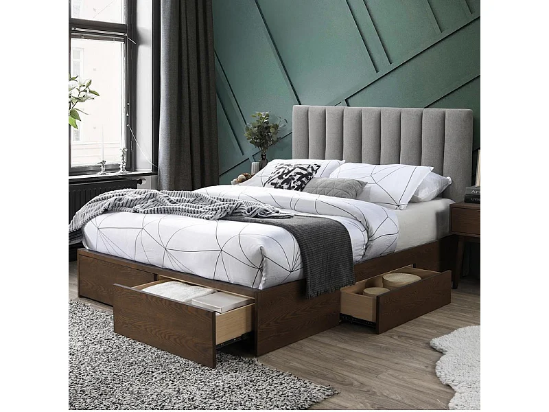 Lit aspect noyer avec tiroirs de rangement pour matelas 160 cm EZEKIEL