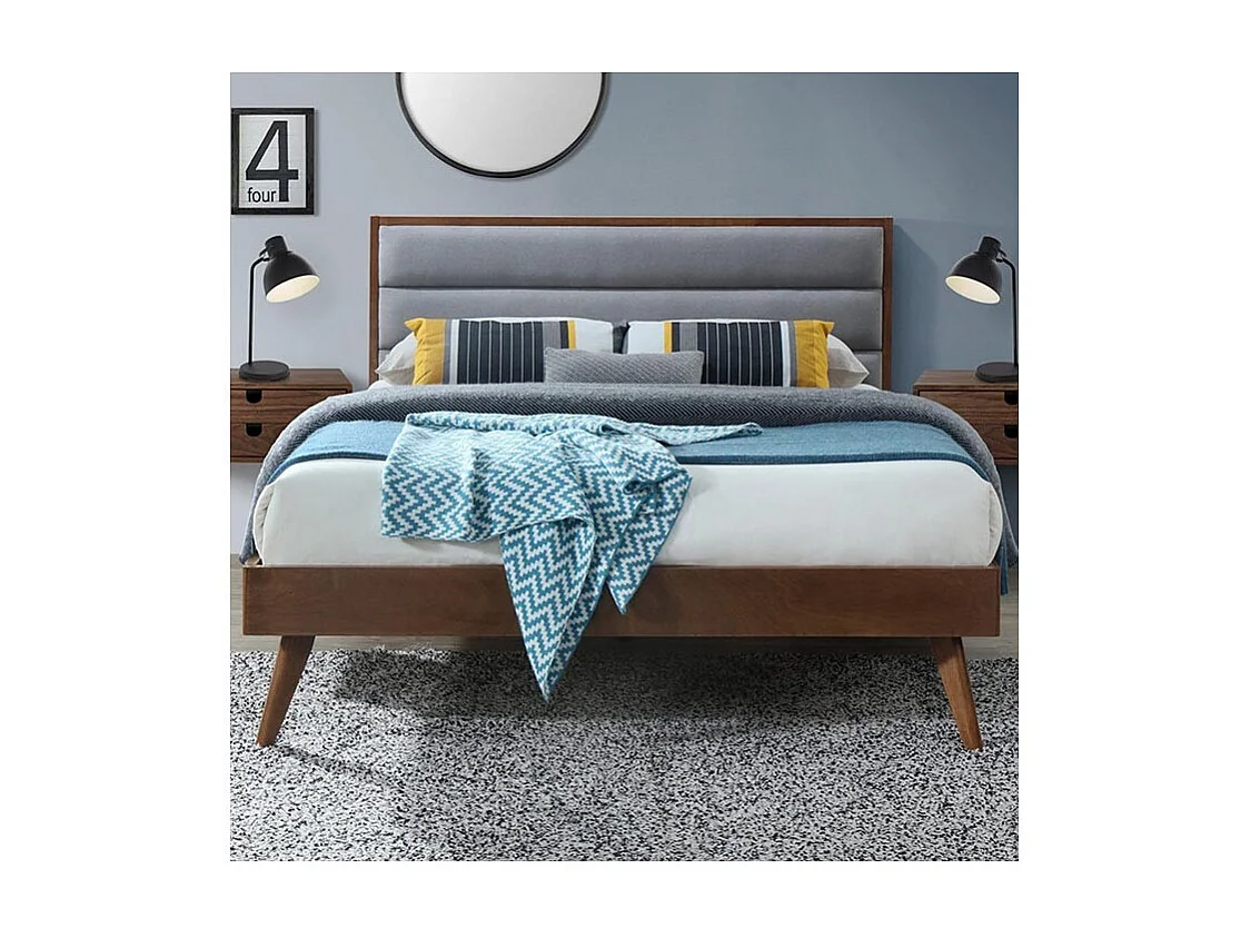 Lit vintage 160cm bois et tissu gris Liv