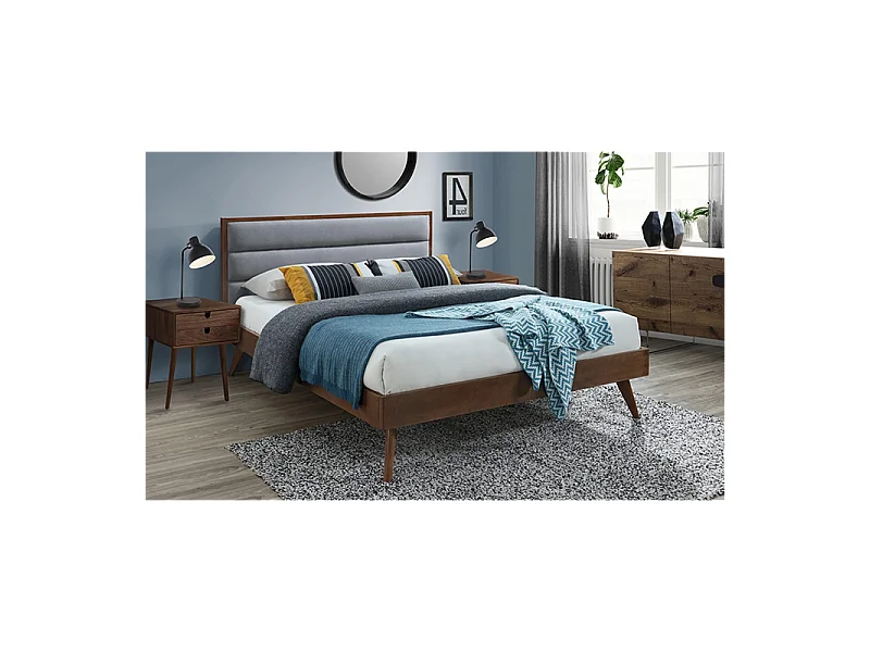 Lit vintage 160cm bois et tissu gris Liv