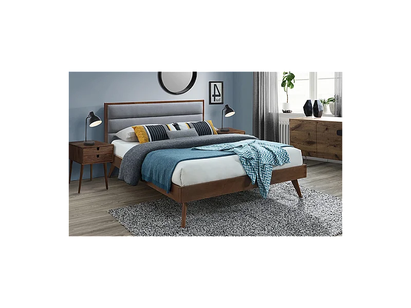 Lit vintage 160cm bois et tissu gris Liv