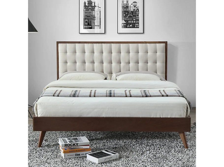 Lit vintage 160cm capitonné bois et tissu Madison