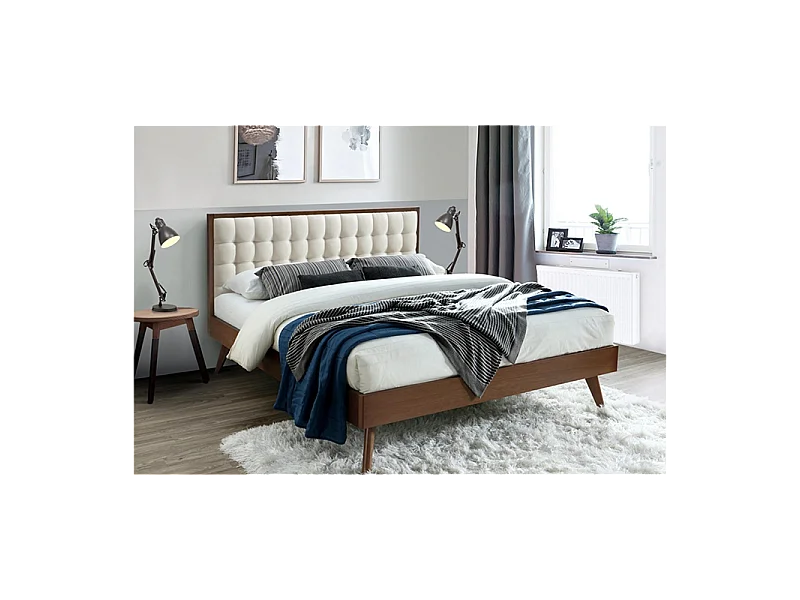 Lit vintage 160cm capitonné bois et tissu Madison