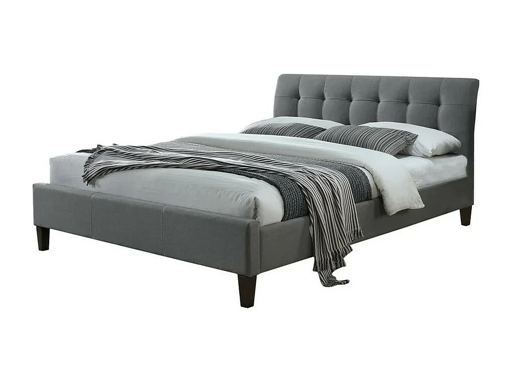 Lit deux personnes 160 x 200 cm en tissu gris avec pieds noirs en bois YUNA 2