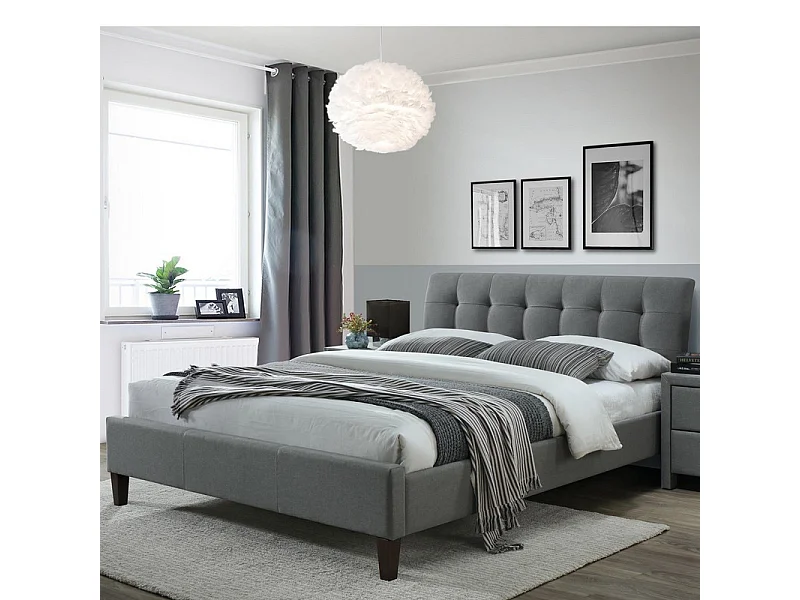 Lit deux personnes 160 x 200 cm en tissu gris avec pieds noirs en bois YUNA 2