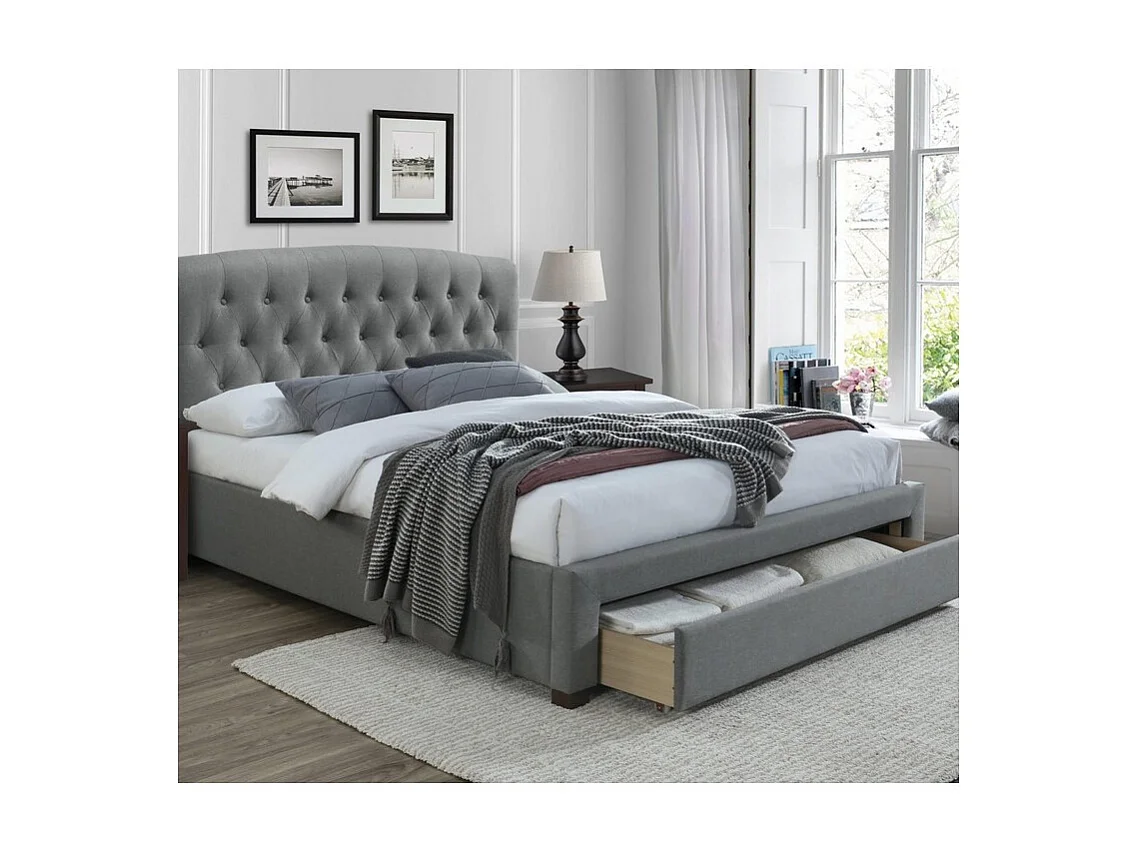 Lit 160 x 200 cm en tissu gris avec tête de lit capitonnée et tiroir de rangement Loud
