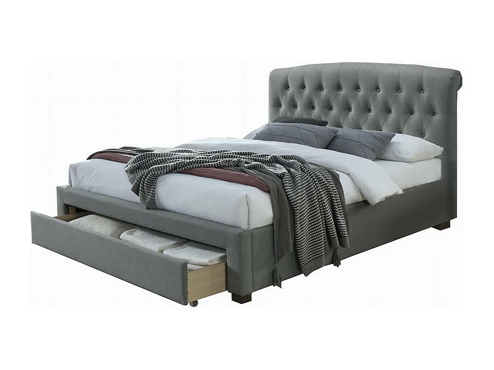 Lit 160 x 200 cm en tissu gris avec tête de lit capitonnée et tiroir de rangement Loud
