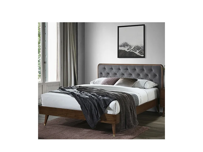 Lit deux personnes 160 x 200 cm en bois massif et tissu gris DIWAN