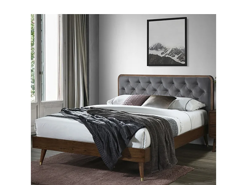 Lit deux personnes 160 x 200 cm en bois massif et tissu gris DIWAN