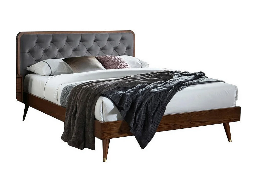 Lit deux personnes 160 x 200 cm en bois massif et tissu gris DIWAN