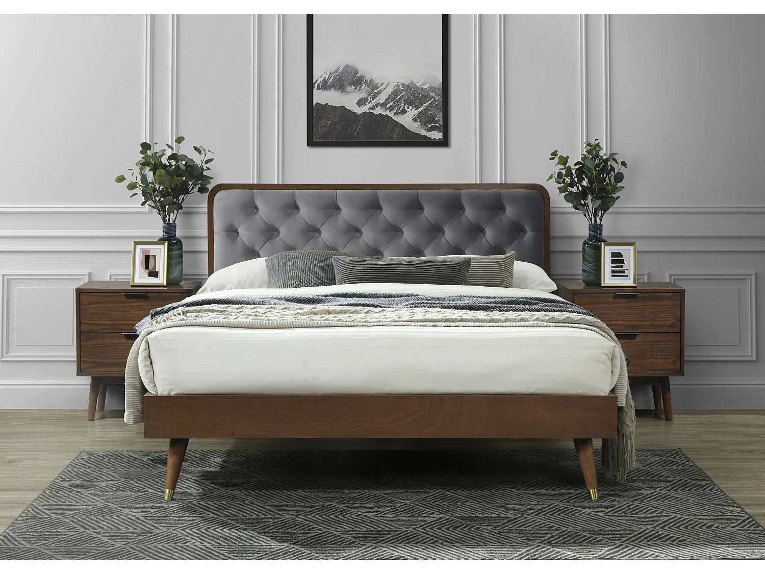 Lit deux personnes 160 x 200 cm en bois massif et tissu gris DIWAN