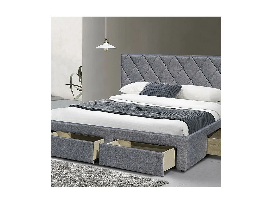 Lit tissu gris tête capitonnée et 4 tiroirs 160x200cm avec sommier Tina