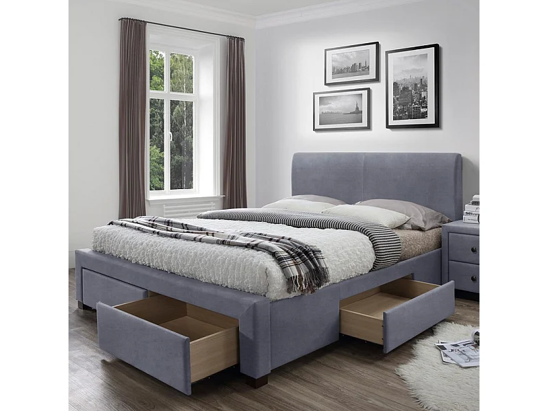 Lit 160 x 200 cm en velours gris avec tiroirs de rangement Modène