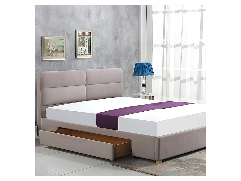 Letto in tessuto beige 160x200cm con testiera trapuntata Marie - Beige