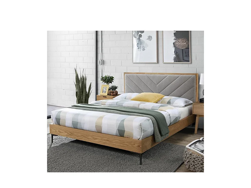 Lit aspect bois et tissu gris pour matelas 160 cm LOLLY
