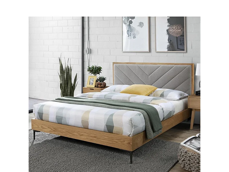 Lit aspect bois et tissu gris pour matelas 160 cm LOLLY