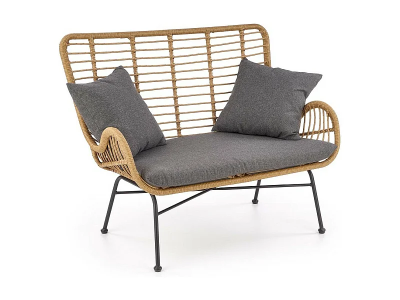 Divano a 2 posti in rattan sintetico con cuscini in tessuto grigio e struttura in metallo nero CARNAC XL