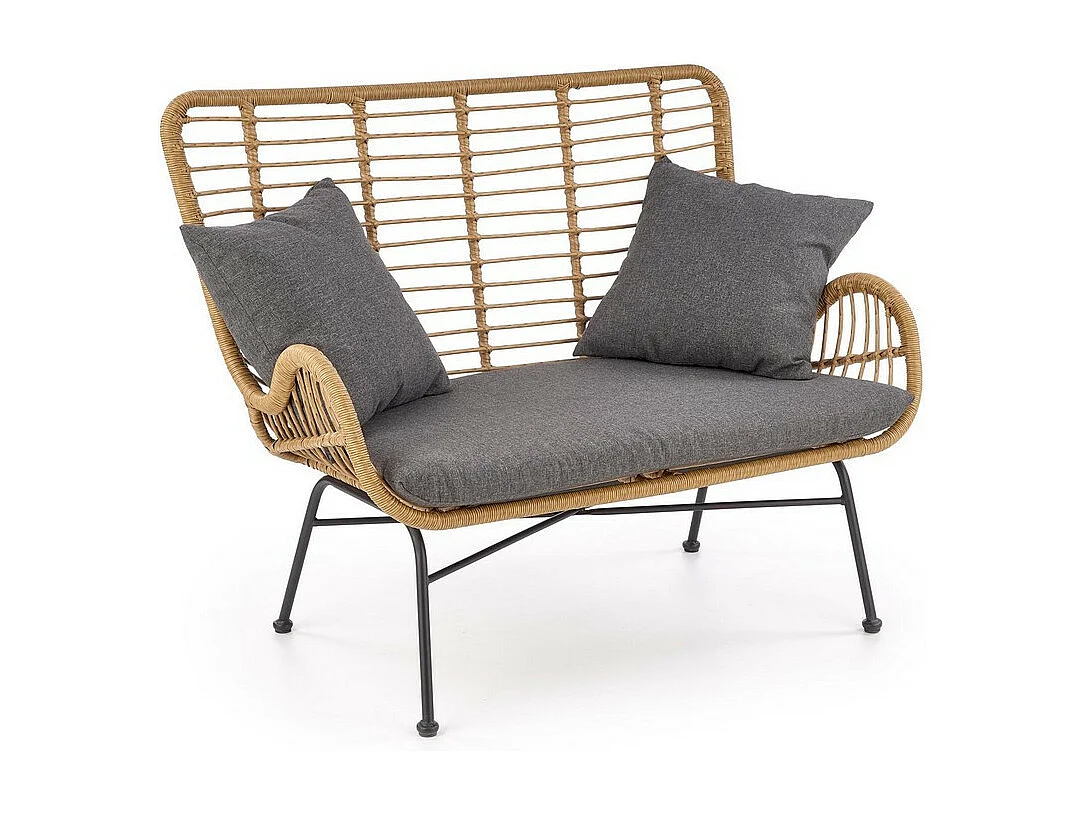 Divano a 2 posti in rattan sintetico con cuscini in tessuto grigio e struttura in metallo nero CARNAC XL