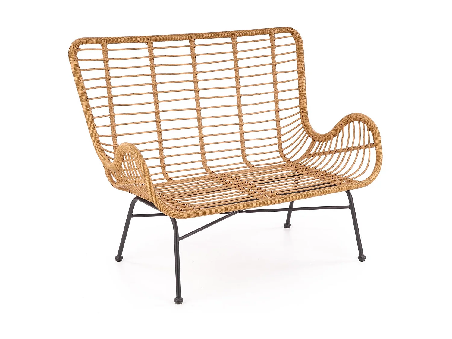 Divano a 2 posti in rattan sintetico con cuscini in tessuto grigio e struttura in metallo nero CARNAC XL