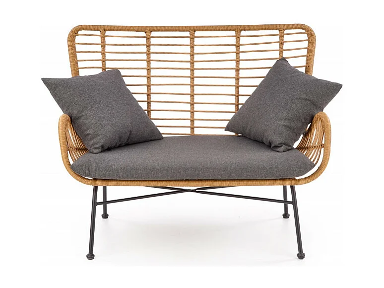 Divano a 2 posti in rattan sintetico con cuscini in tessuto grigio e struttura in metallo nero CARNAC XL