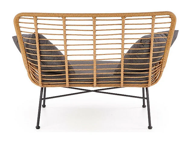 Divano a 2 posti in rattan sintetico con cuscini in tessuto grigio e struttura in metallo nero CARNAC XL