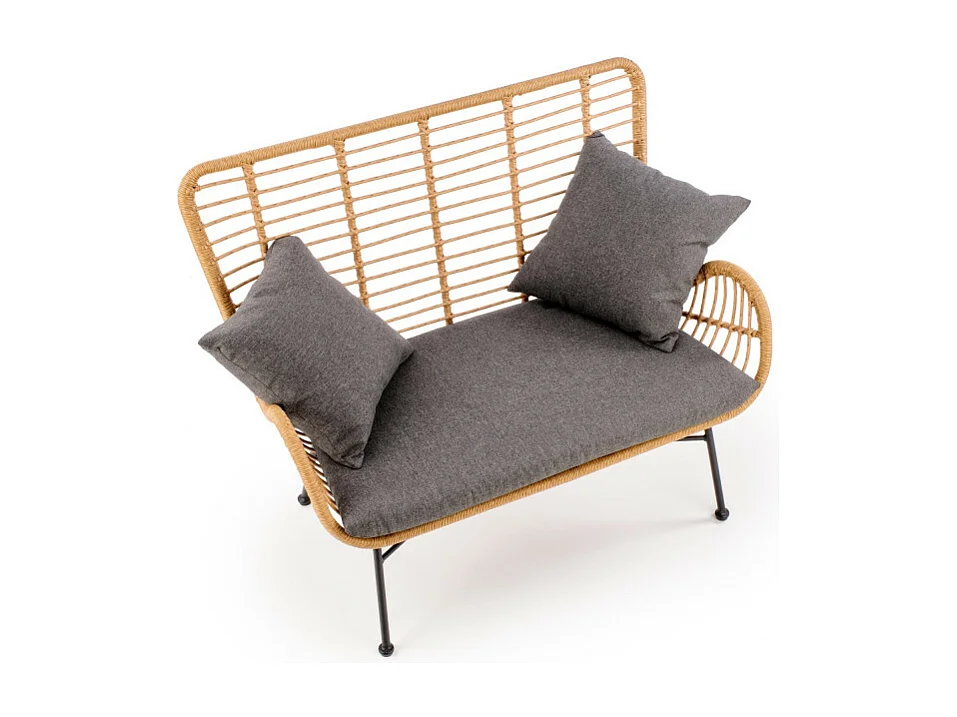 Divano a 2 posti in rattan sintetico con cuscini in tessuto grigio e struttura in metallo nero CARNAC XL