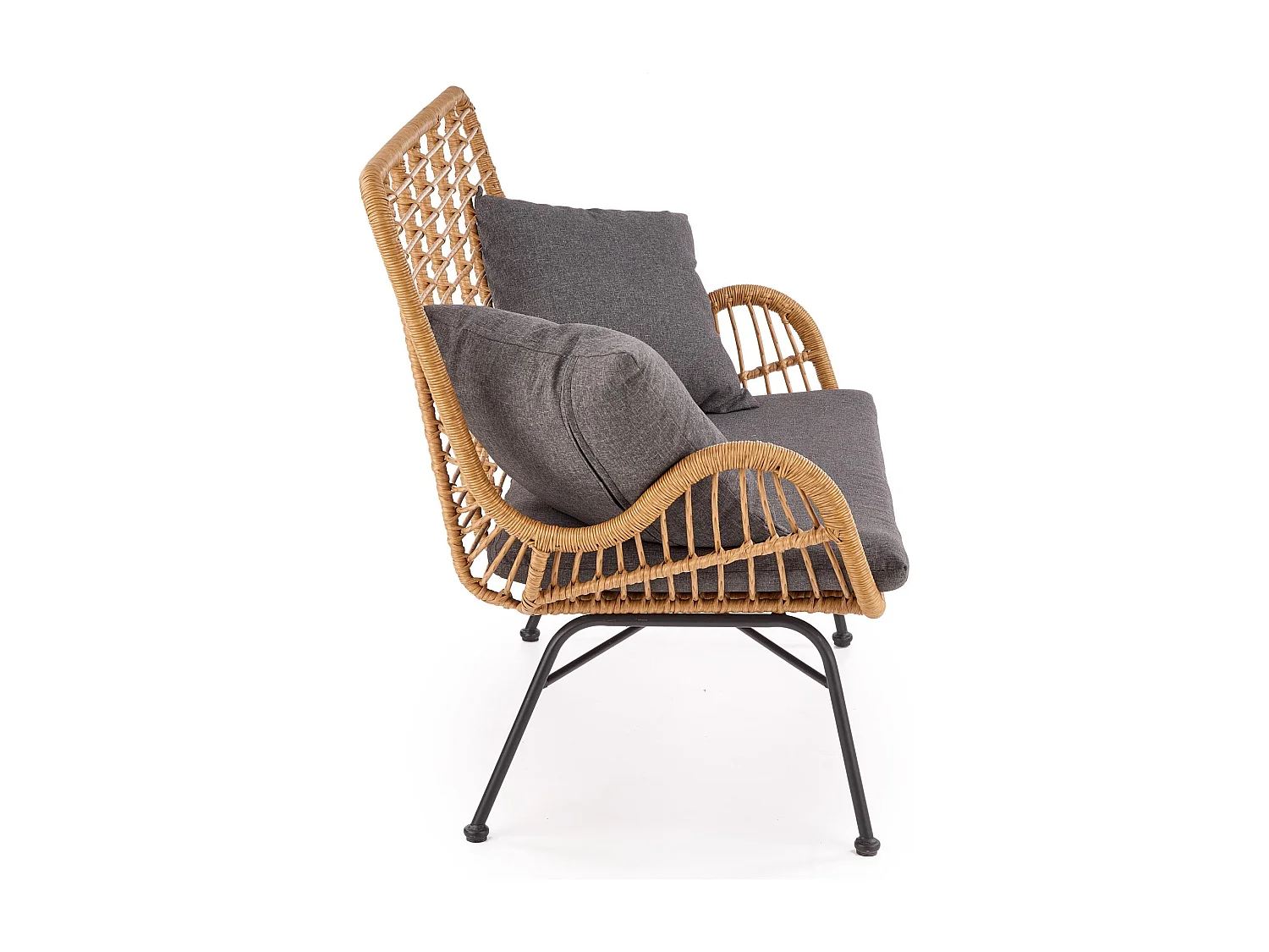 Sofá 2 plazas de ratán sintético con cojines de tela gris y estructura de metal negro CARNAC XL