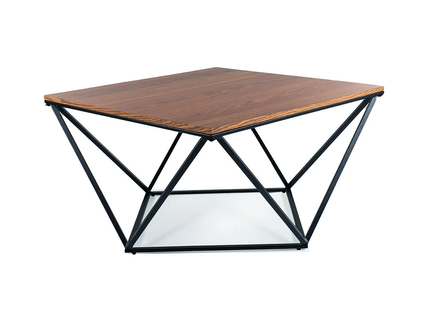 Mesa de centro de diseño con tablero de aspecto nogal de 80x80 y base negra Emily