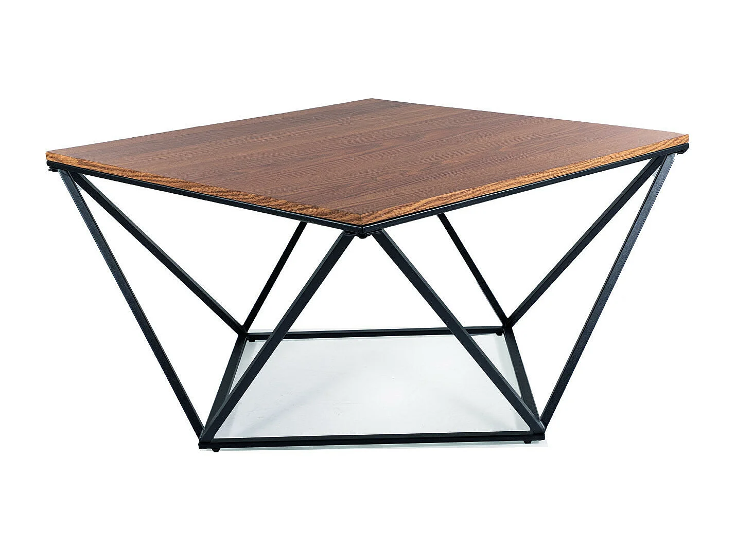 Table basse design avec plateau 80x80 aspect noyer et piètement noir Emily