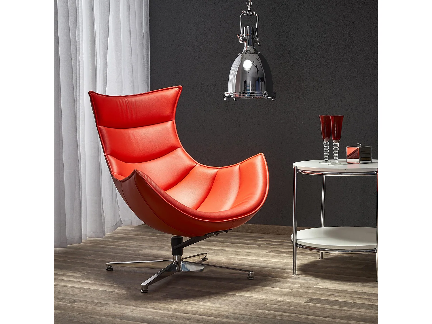 Sillón giratorio de diseño Oliver rojo con base de acero inoxidable