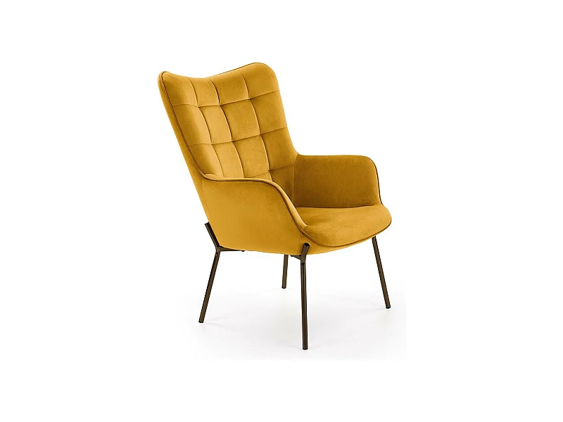 Poltrona in velluto giallo senape con schienale imbottito e gambe in acciaio nero GIPSY