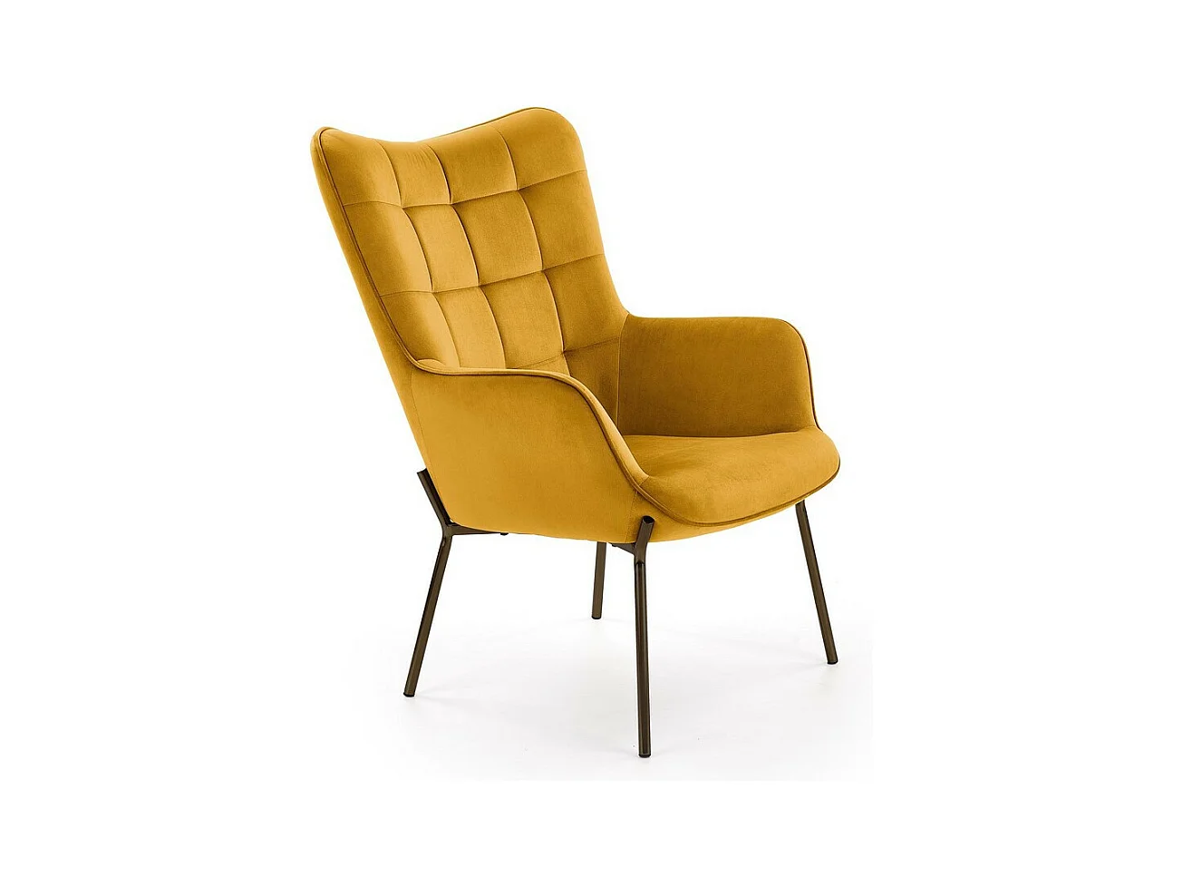 Fauteuil en velours jaune moutarde avec dossier matelassé et pieds noirs en acier GIPSY
