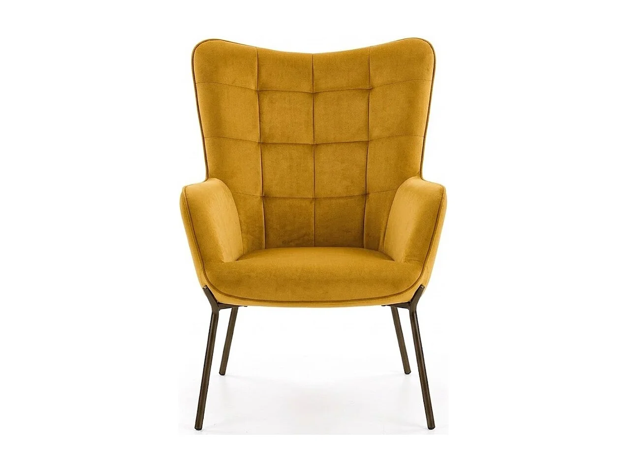 Sillón de terciopelo amarillo mostaza con respaldo acolchado y patas de acero negro GIPSY