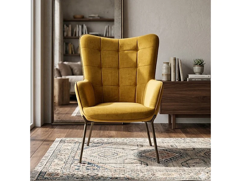 Sillón de terciopelo amarillo mostaza con respaldo acolchado y patas de acero negro GIPSY