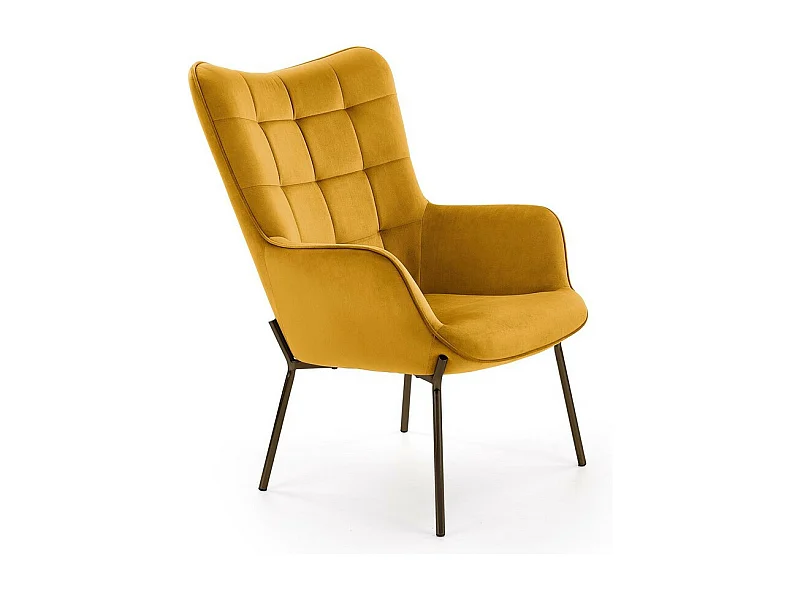 Sillón de terciopelo amarillo mostaza con respaldo acolchado y patas de acero negro GIPSY