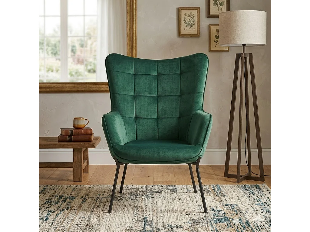 Fauteuil en velours vert foncé avec dossier matelassé et pieds noirs en acier GIPSY