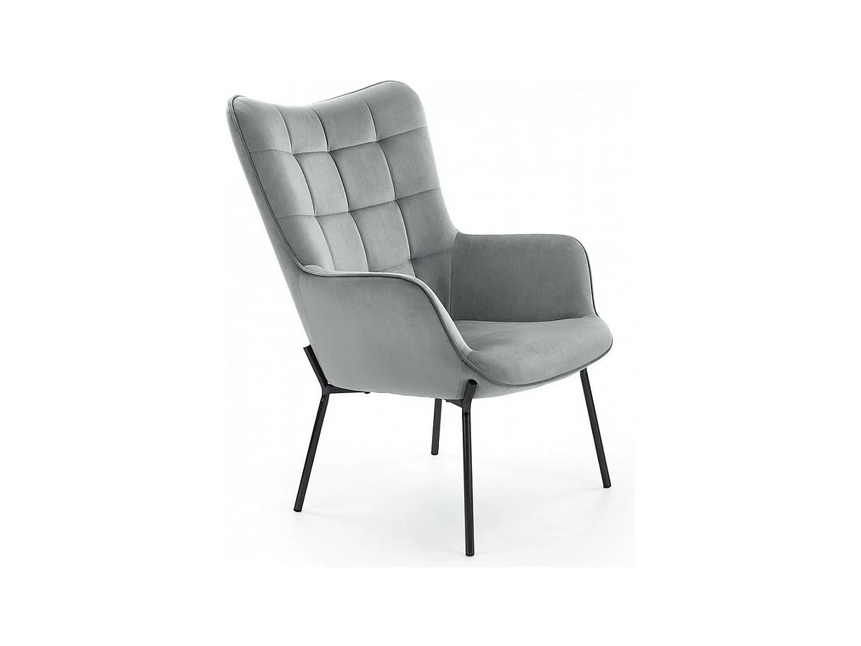 Fauteuil en velours gris avec dossier matelassé et pieds noirs en acier GIPSY