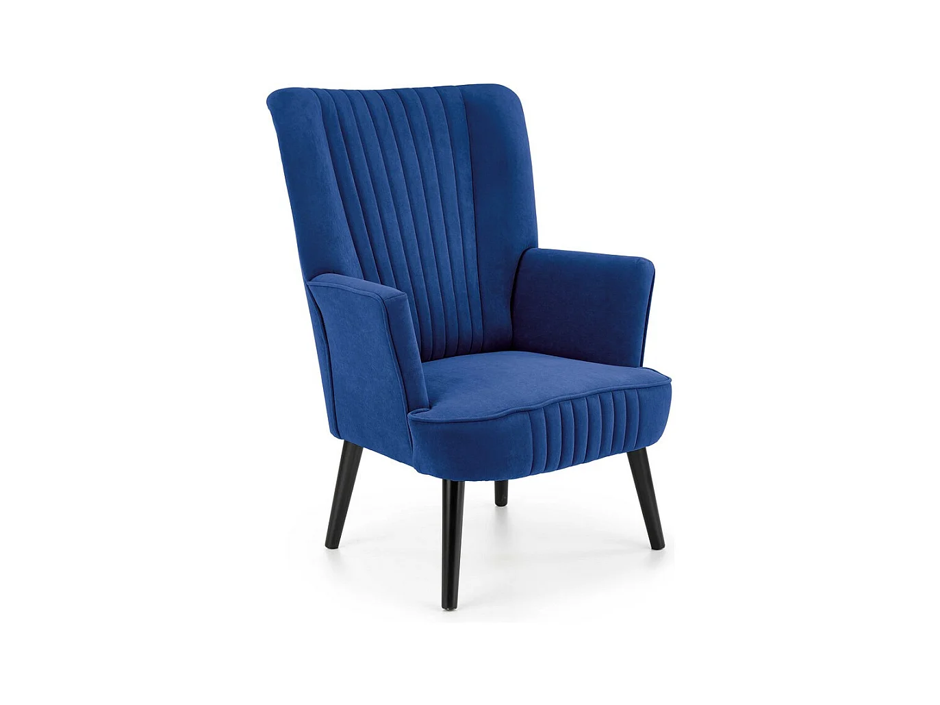 Fauteuil bleu dossier haut et pieds noirs en bois massif CYRUS