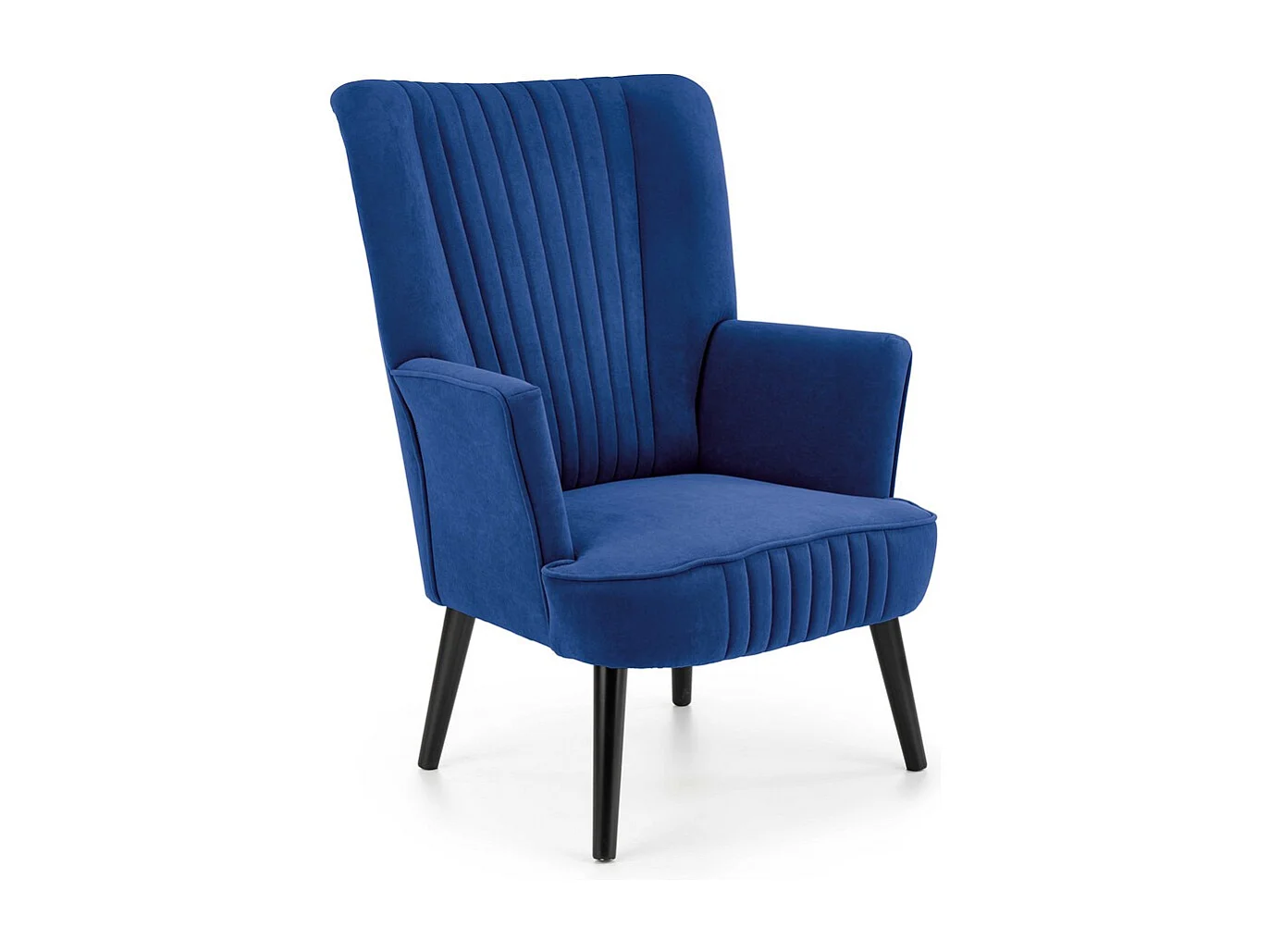 Fauteuil bleu dossier haut et pieds noirs en bois massif CYRUS