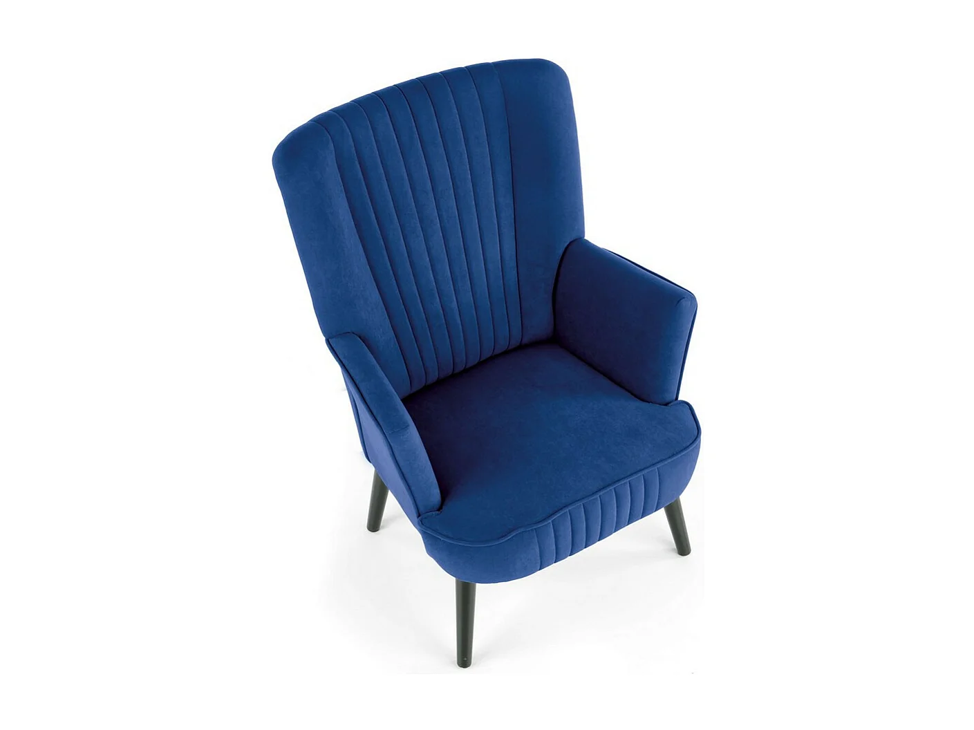 Fauteuil bleu dossier haut et pieds noirs en bois massif CYRUS