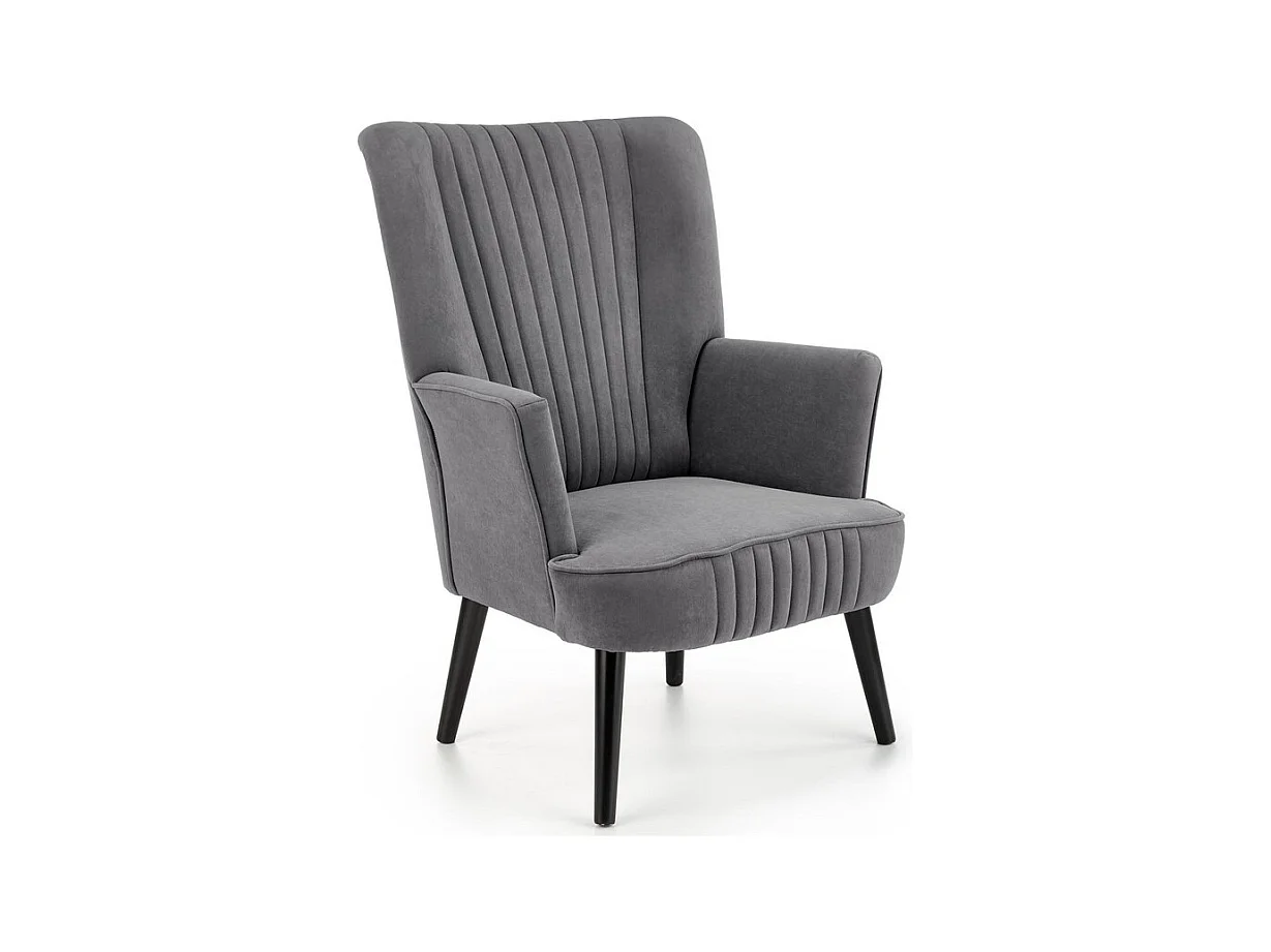 Fauteuil contemporain en velours gris avec haut dossier et pieds noirs en bois massif CYRUS