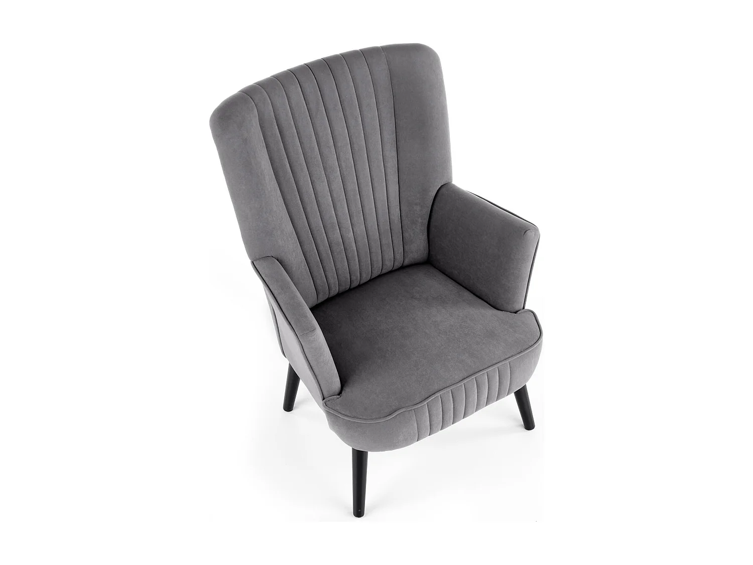 Fauteuil contemporain en velours gris avec haut dossier et pieds noirs en bois massif CYRUS