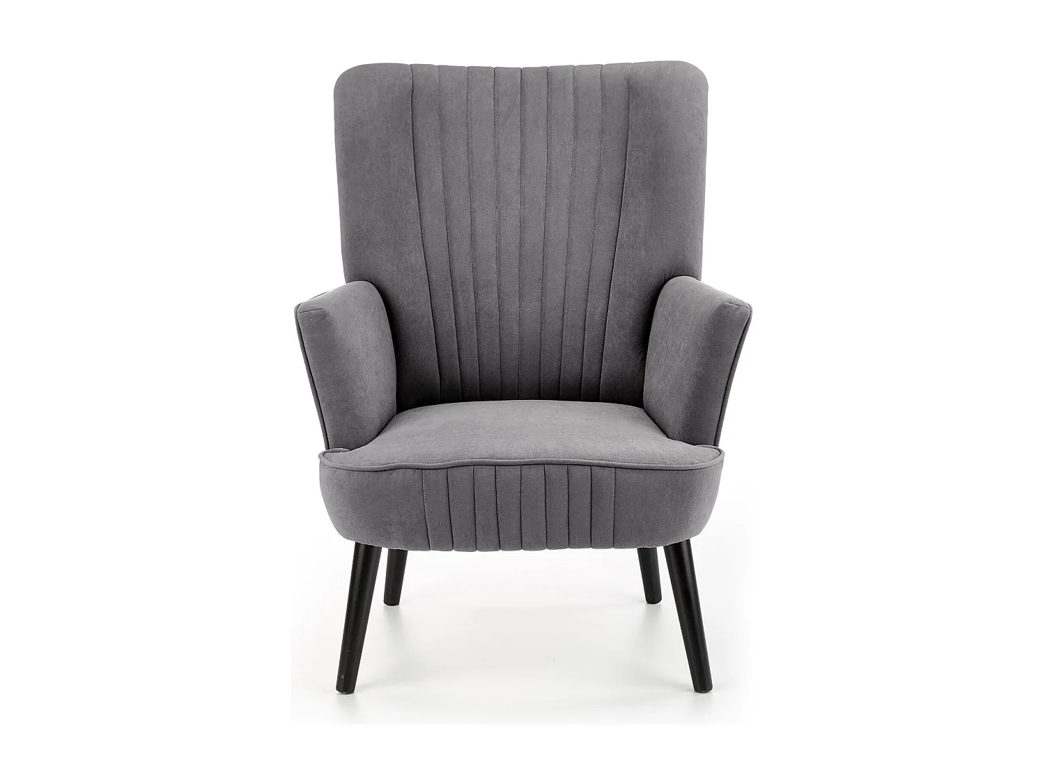 Fauteuil contemporain en velours gris avec haut dossier et pieds noirs en bois massif CYRUS
