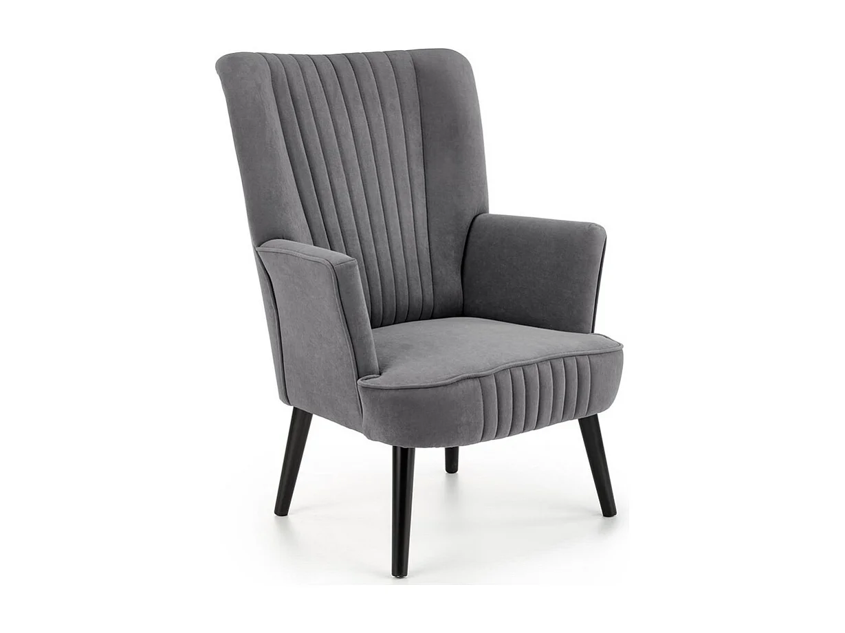 Fauteuil contemporain en velours gris avec haut dossier et pieds noirs en bois massif CYRUS
