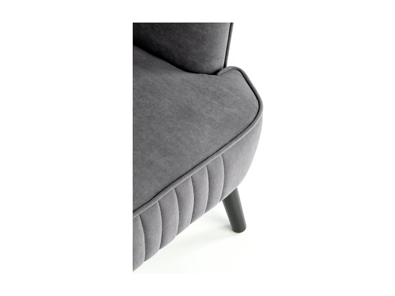 Fauteuil contemporain en velours gris avec haut dossier et pieds noirs en bois massif CYRUS
