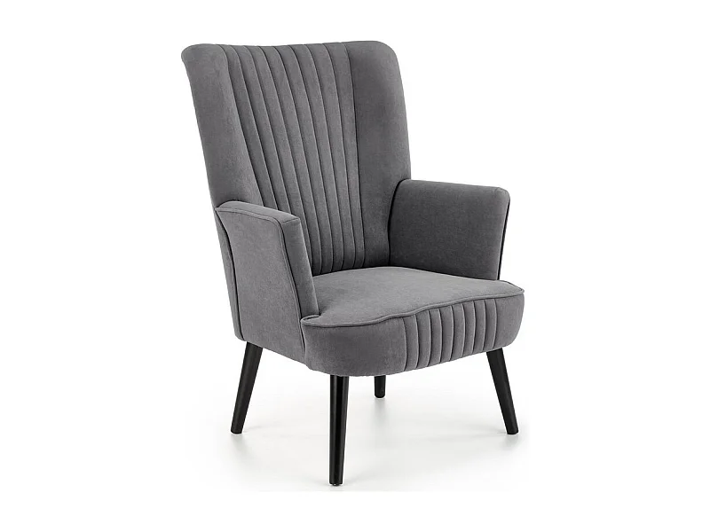 Fauteuil contemporain en velours gris avec haut dossier et pieds noirs en bois massif CYRUS