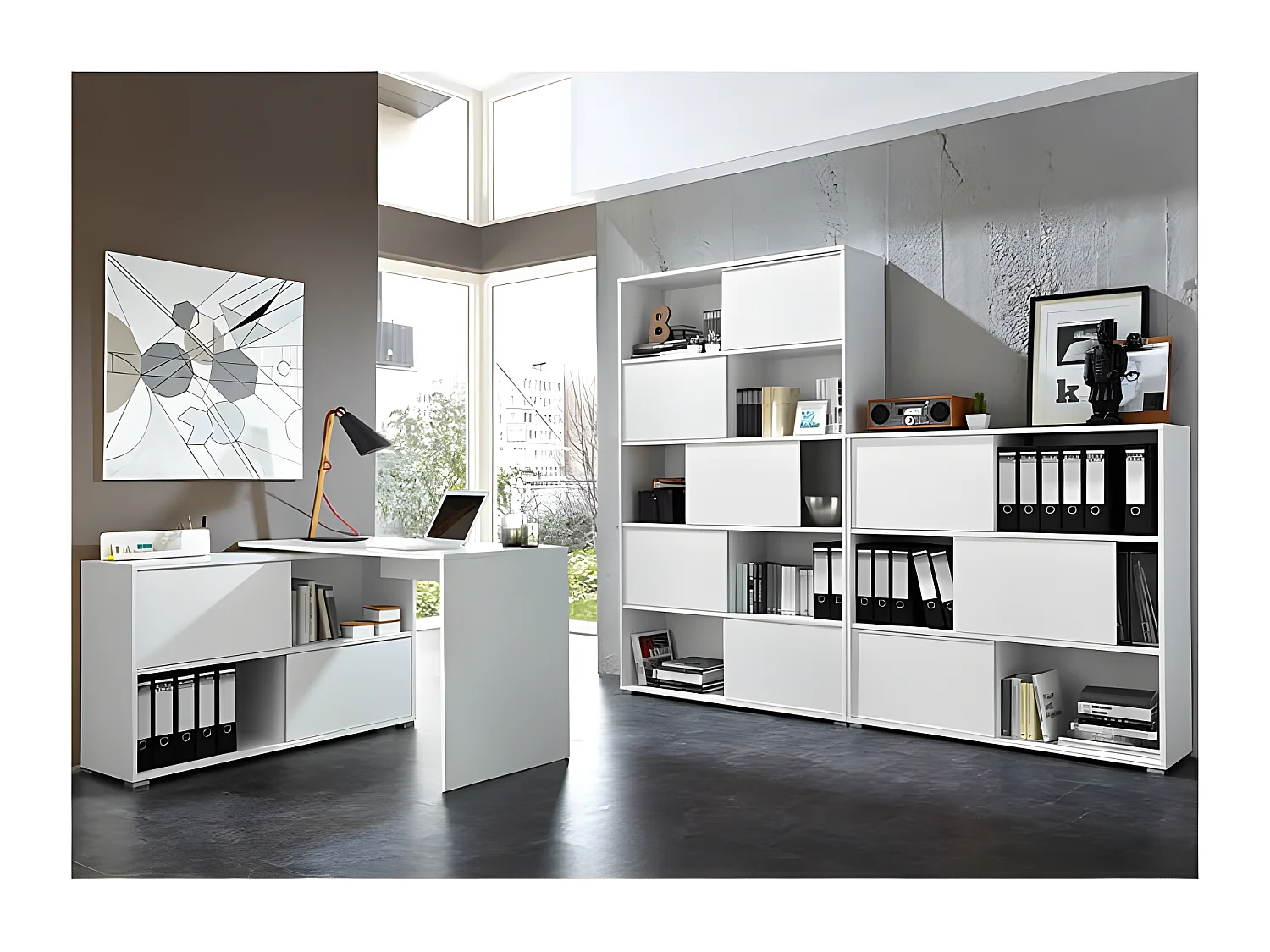 Armoire de bureau basse bois et blanc Leader