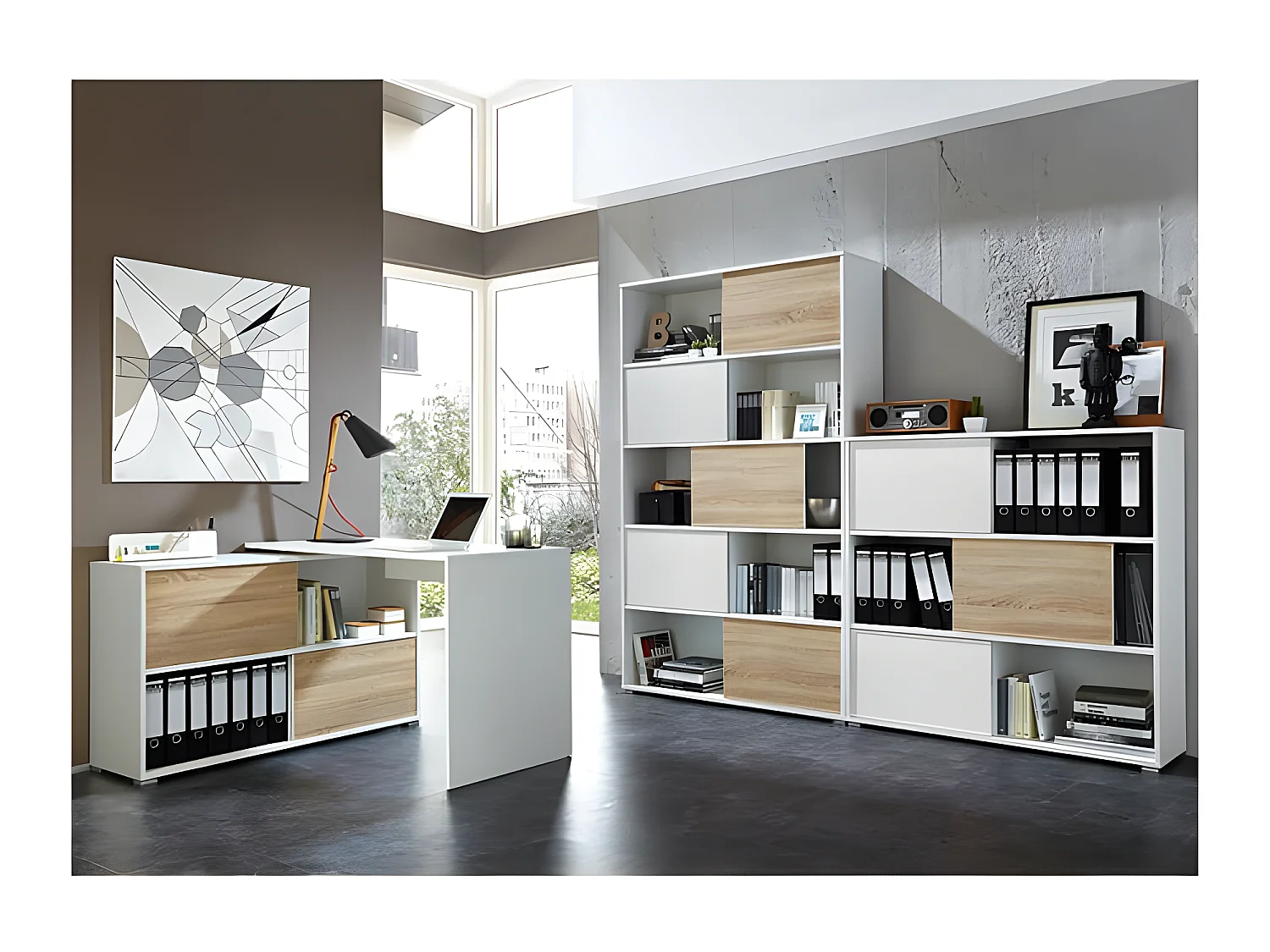 Armoire de bureau basse bois et blanc Leader