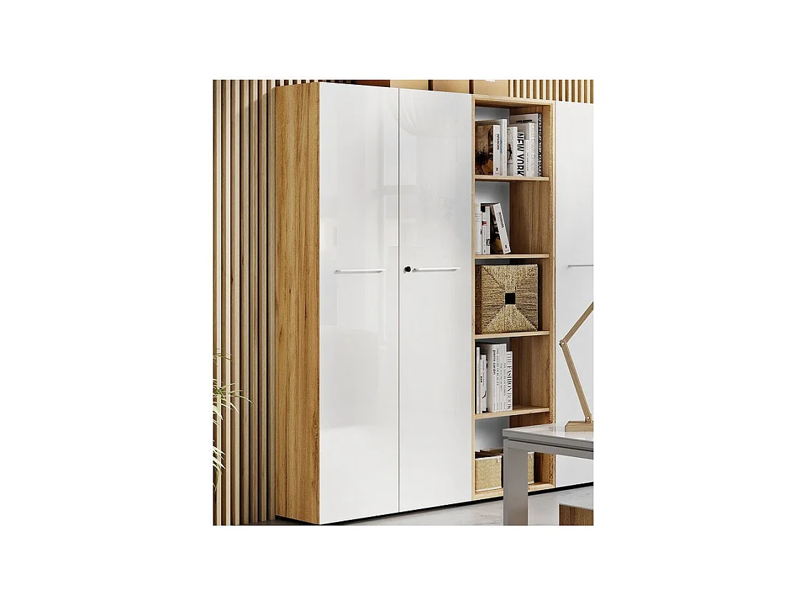 Armoire de bureau deux portes 196 cm blanche et aspect chêne Next