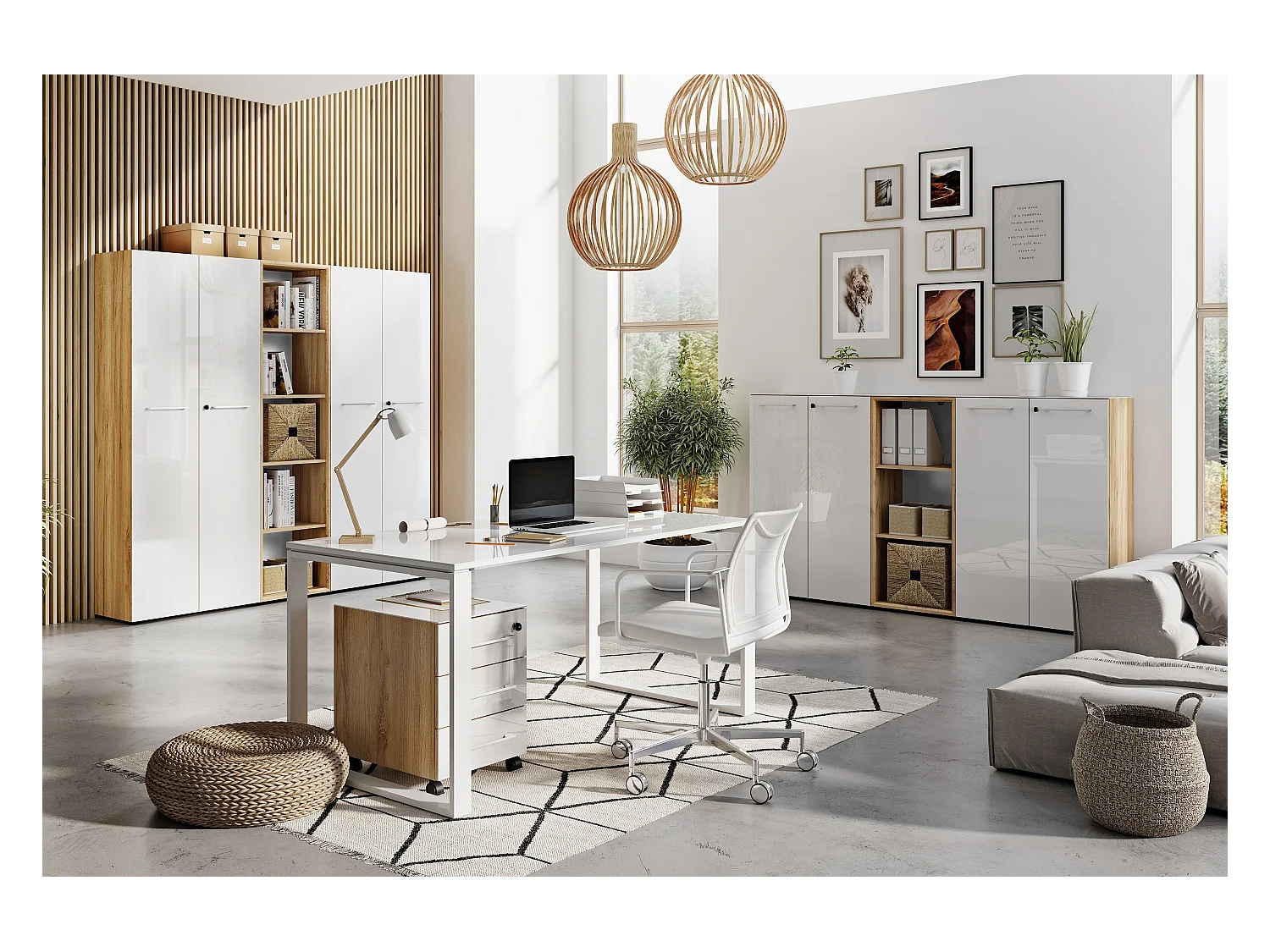 Armoire de bureau deux portes 196 cm blanche et aspect chêne Next