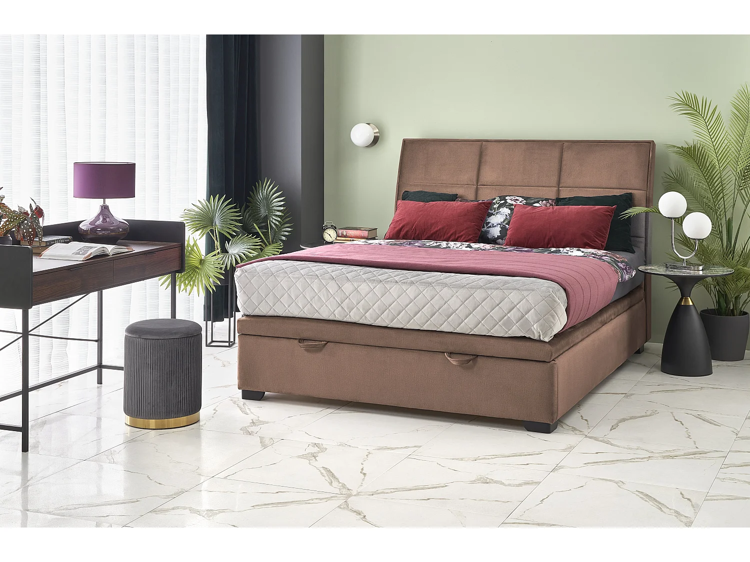 Lit coffre 2 personnes 160 cm avec tête de lit en velours beige Rosalia 2